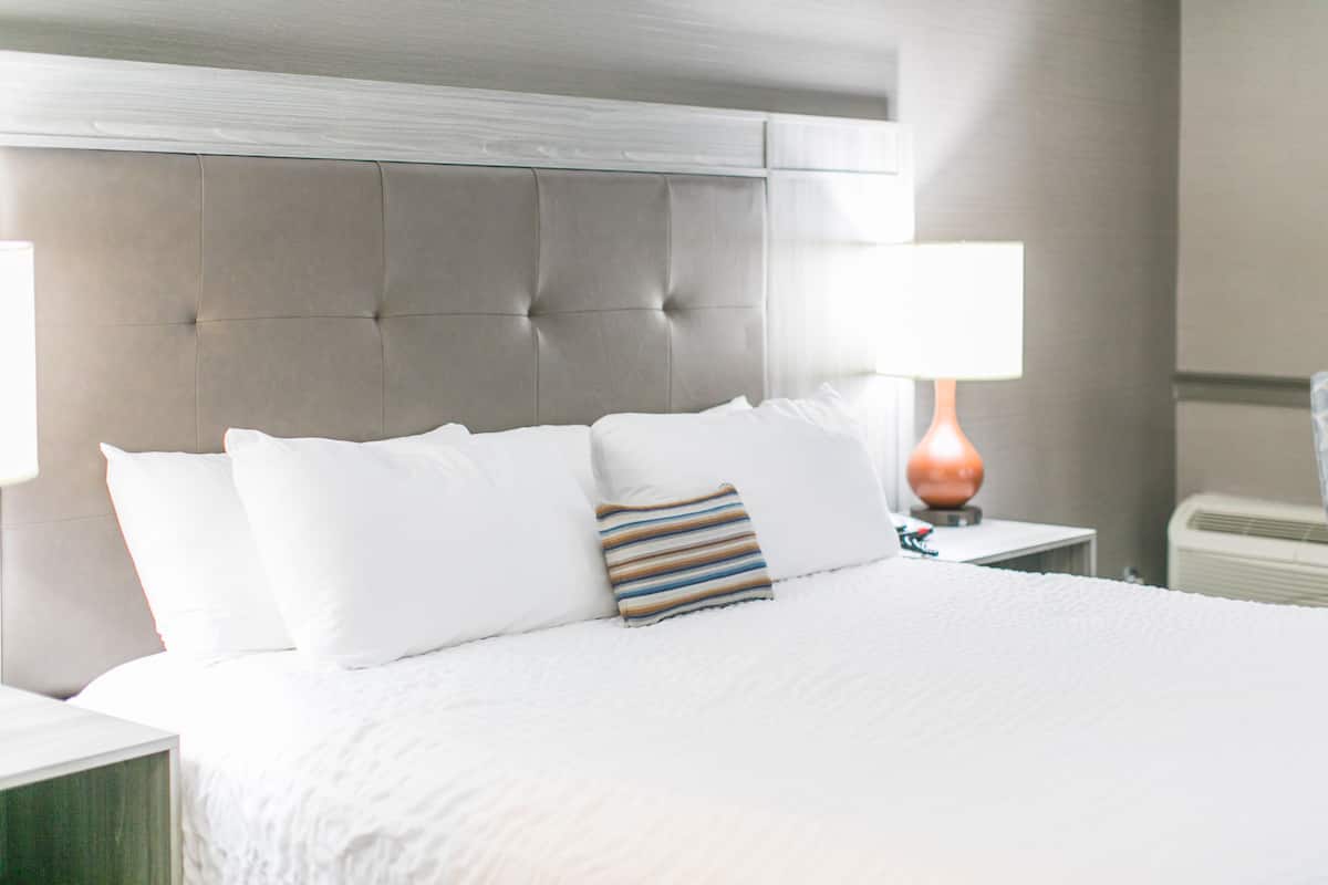 Premium bedding, pillowtop beds, desk, laptop workspace