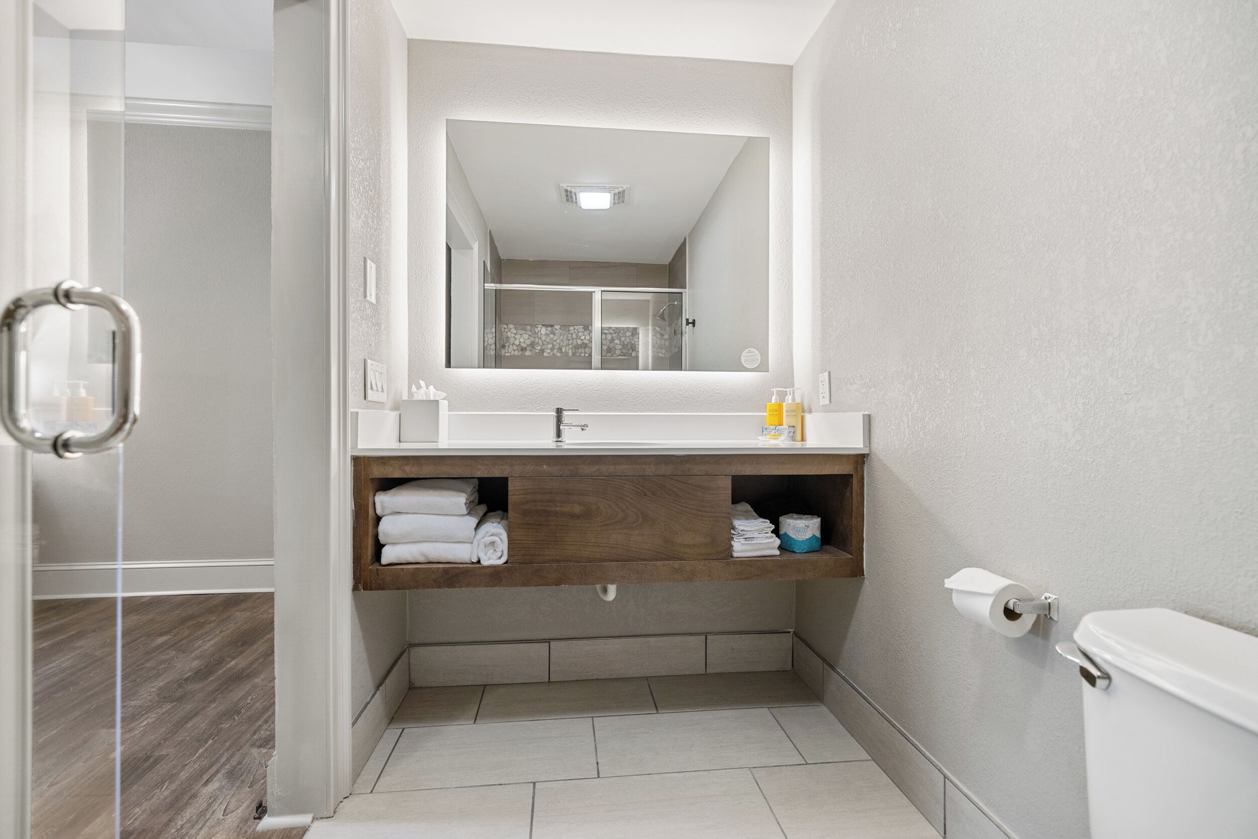 Une salle de bain avec une douche, un lavabo avec un miroir et des toilettes.