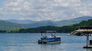 A blue boat with a canopy on a calm lake, surrounded by lush green hills and a partly cloudy sky.