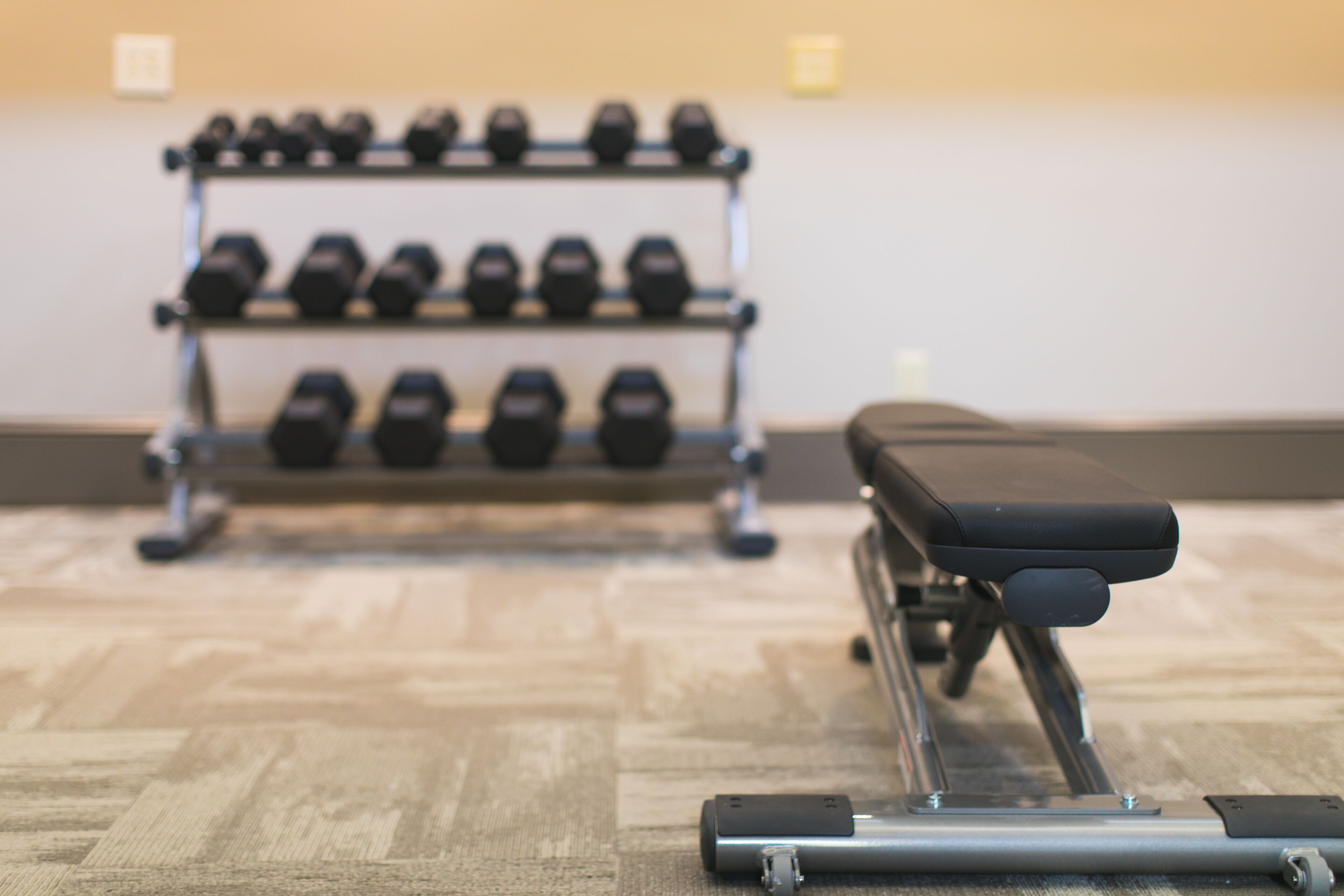 Une salle de sport équipée d’un banc et d’un porte-haltères.
