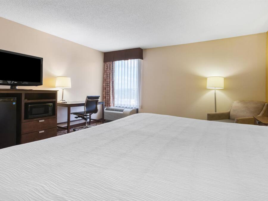 A hotel room with a large bed, a desk with a chair, a television, a microwave, and two lamps.