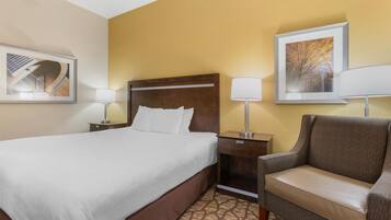 A hotel room with a bed, a nightstand, a lamp, a chair, and two framed pictures on the wall.