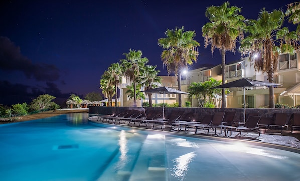 Outdoor pool, pool umbrellas, pool loungers