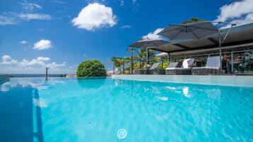 A clear blue pool with lounge chairs and umbrellas, surrounded by greenery and a clear sky.