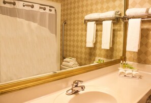 Deep-soaking bathtub, hydromassage showerhead, hair dryer, towels