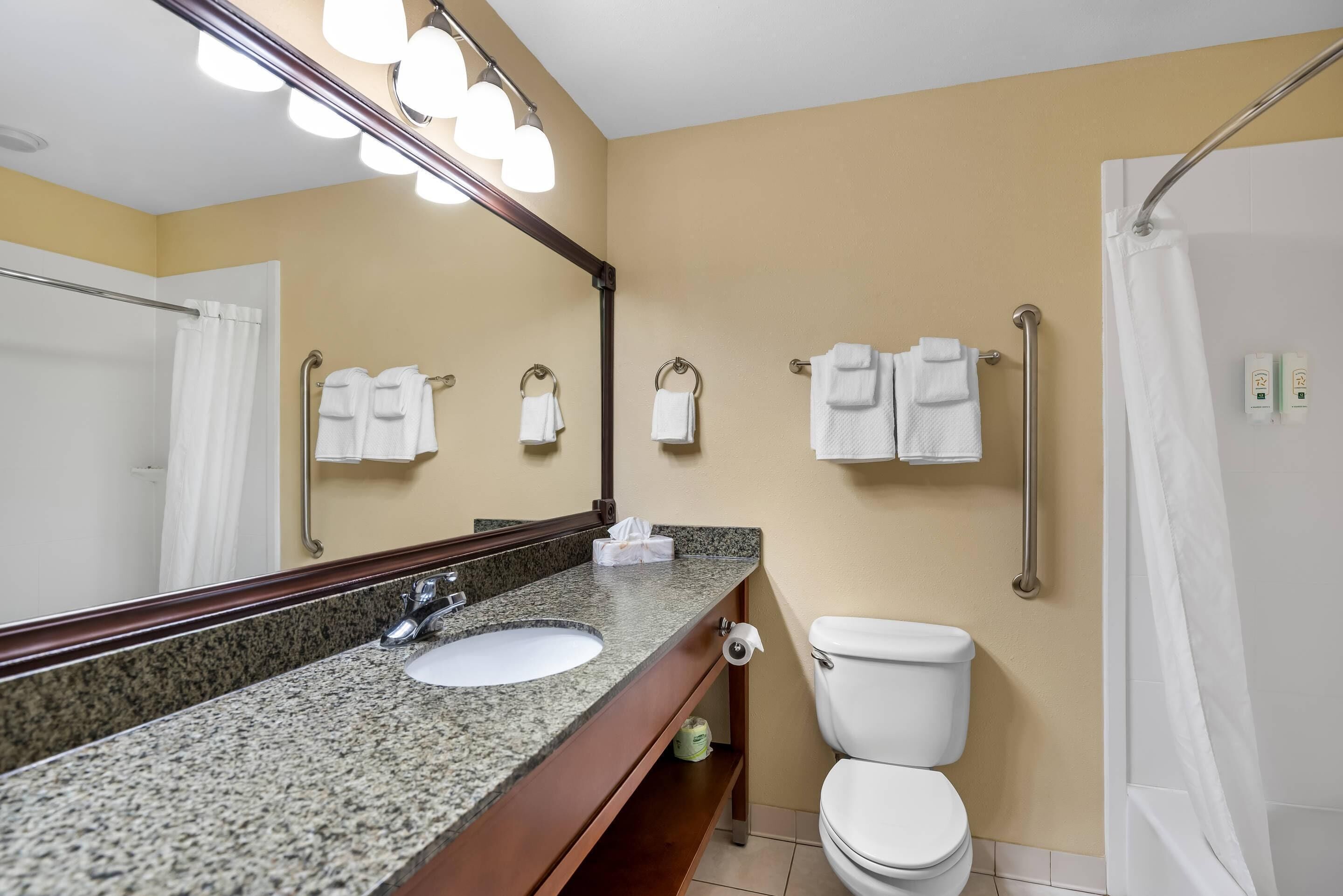 A bathroom with a granite sink, a mirror with lights, a toilet, and a shower curtain.