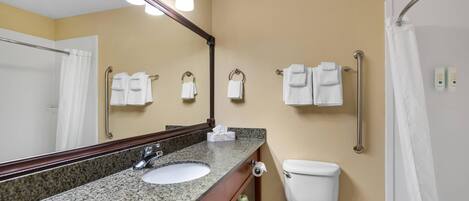 Un baño con lavamanos de granito, un espejo con luces, inodoro y cortina de ducha.