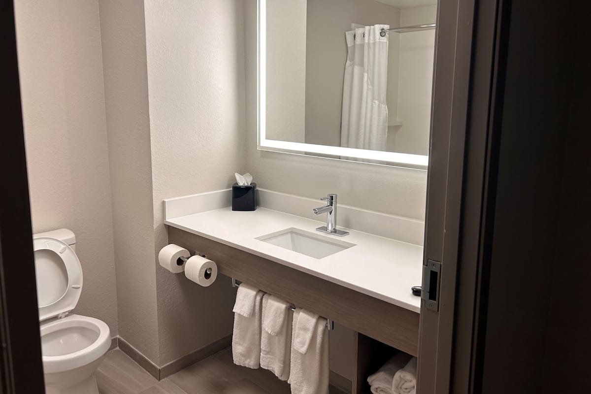 A bathroom with a toilet, a sink with a mirror, and a towel rack.