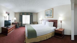 A hotel room with a bed, a television, a desk, a chair, and a painting on the wall. - Holiday Inn Express Hotel & Suites Murphy by IHG (Murphy)