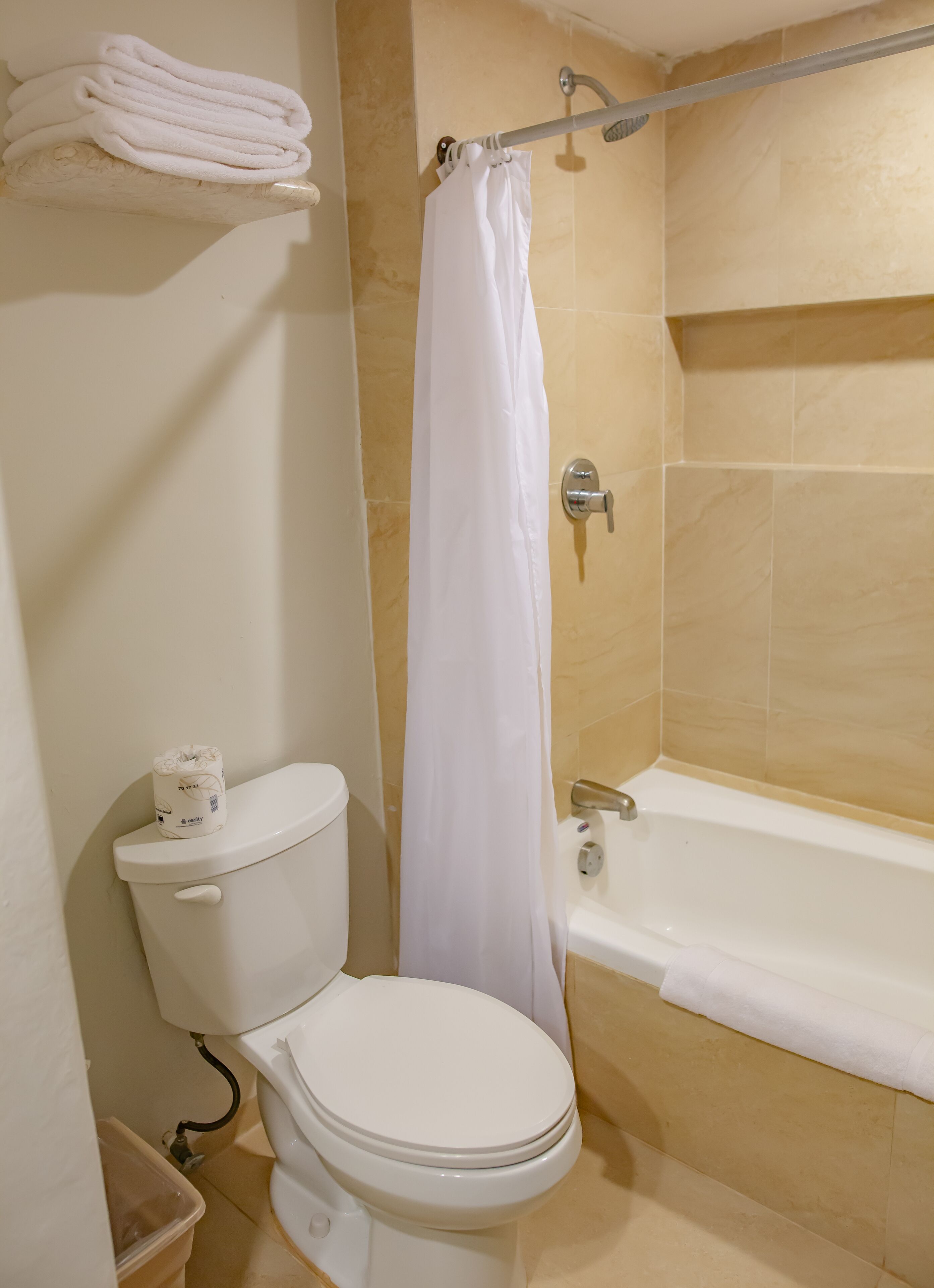 A bathroom with a toilet, a bathtub, and a shower curtain.