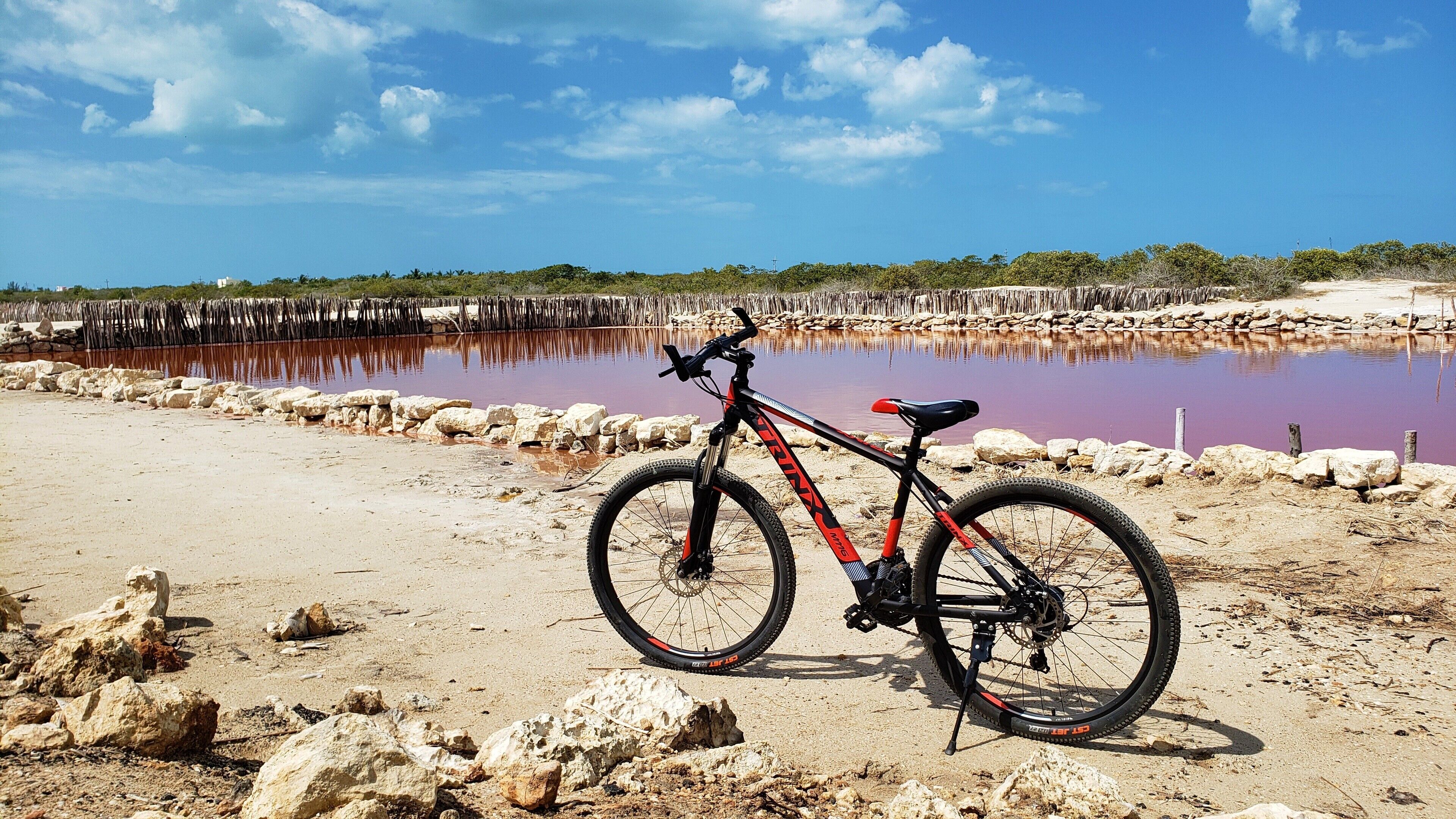 A bicycle parked on a sandy beach with a body of water and a wooden dock in the background.