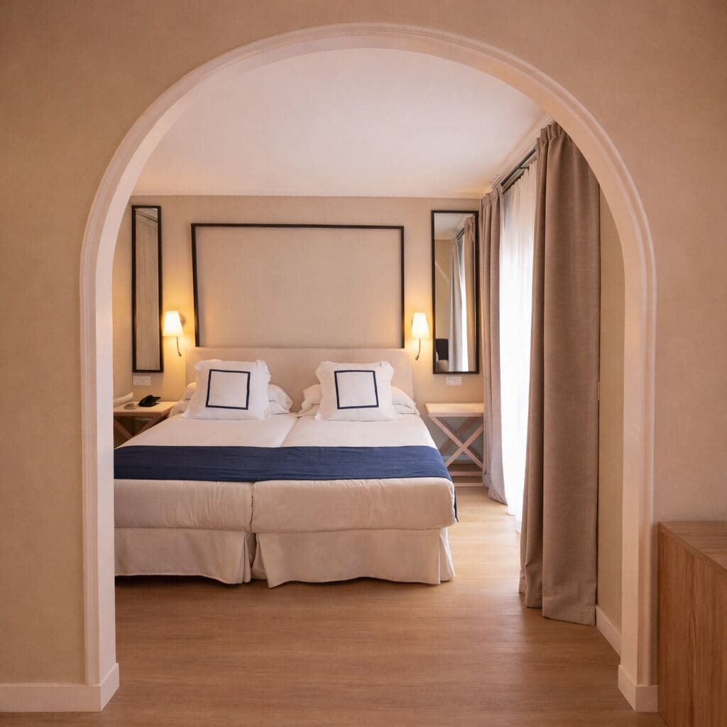 A double bed with a blue accent, a bedside table with a lamp, and a large mirror above the bed.
