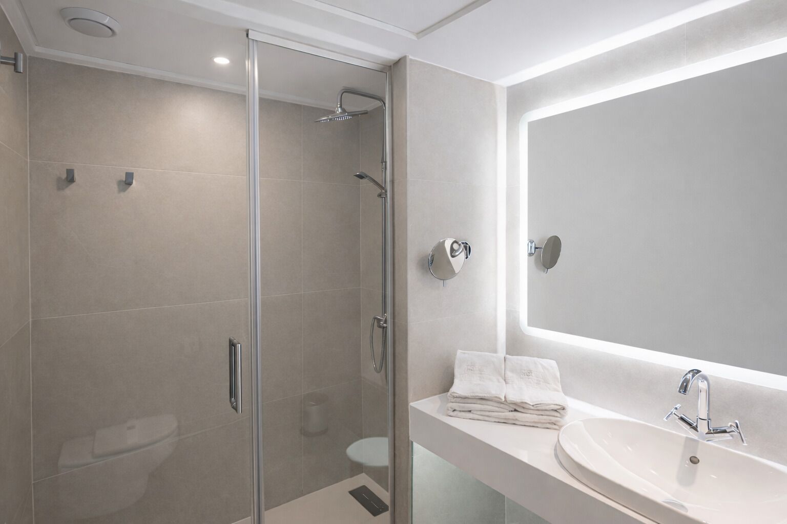 A modern bathroom with a glass-enclosed shower, a white sink, and a large mirror.