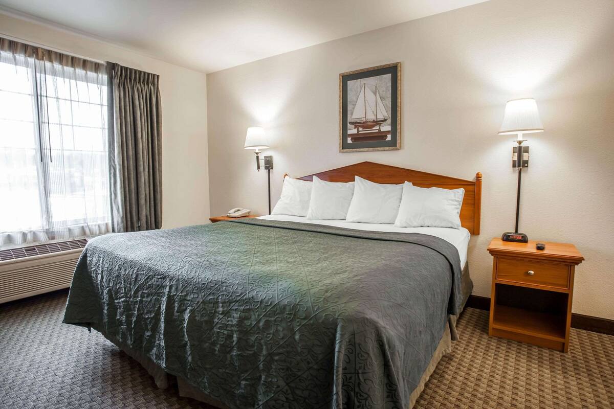 A hotel room with a large bed, two bedside lamps, a nightstand, a framed picture on the wall, and a window with curtains.