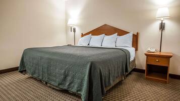 A hotel room with a large bed, two bedside lamps, a nightstand, and a carpeted floor.