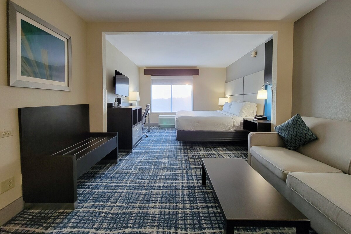 A hotel room with a bed, a sofa, a desk, and a television.