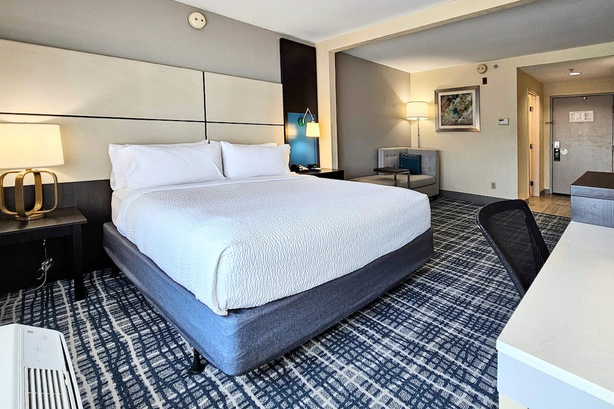 A hotel room with a large bed, a desk, a chair, a lamp, and a television.