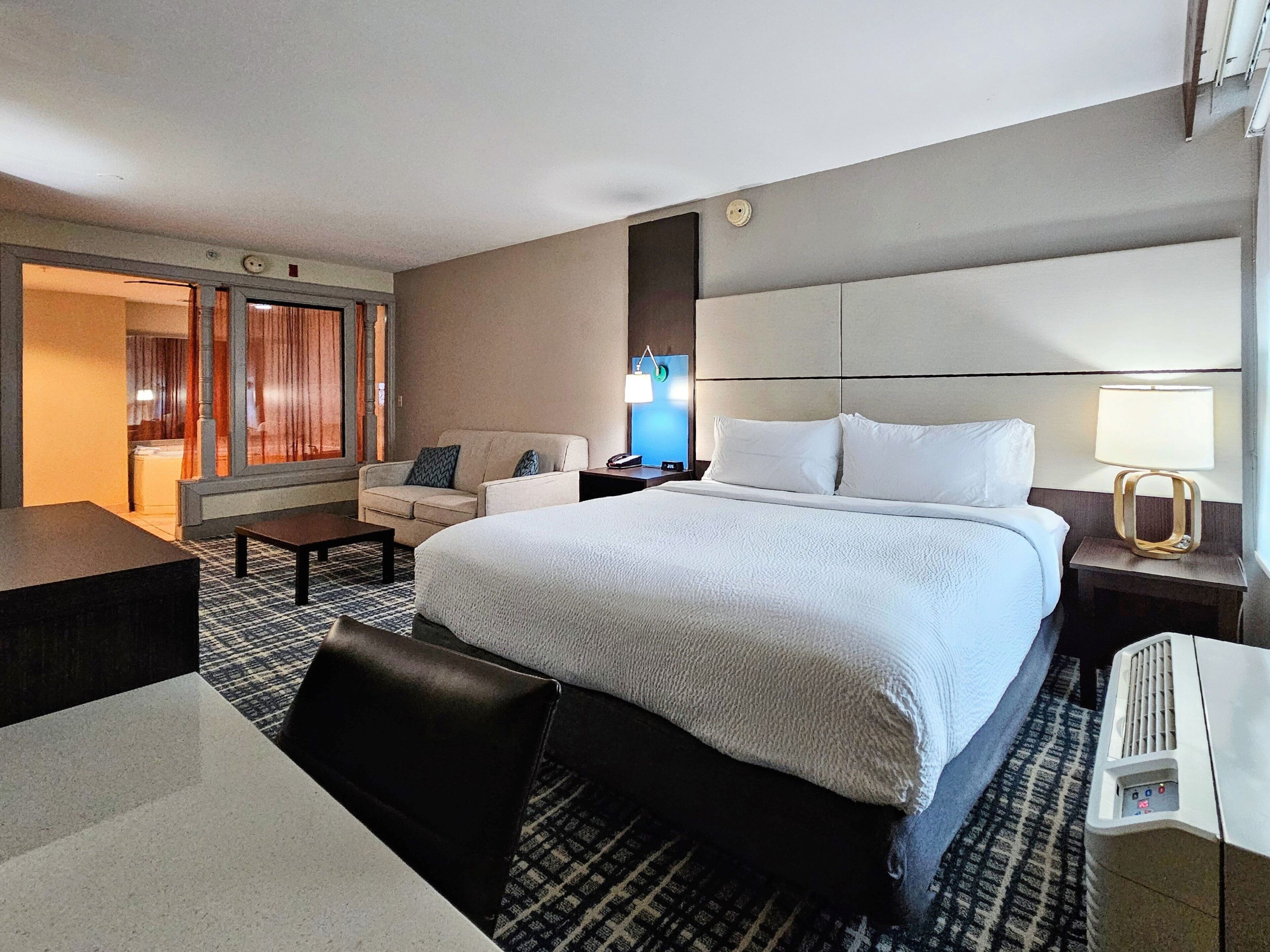 Habitación de hotel con una cama grande, un escritorio, una silla, un sofá, un televisor y una mesita de noche con lámpara.