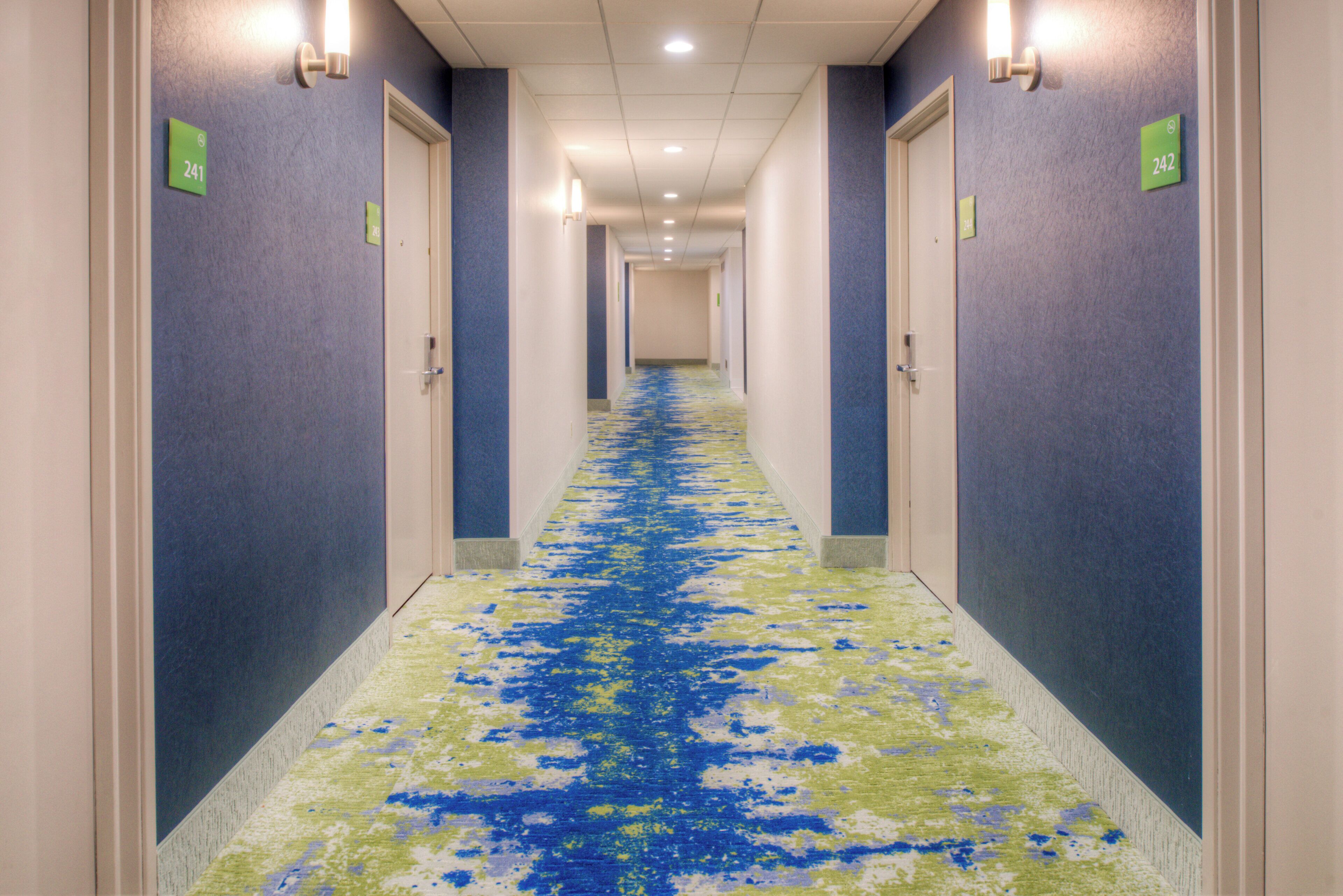 A hotel corridor with a blue carpet, doors numbered 241 and 242, and light fixtures on the walls.