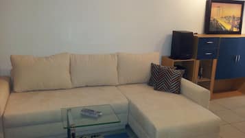 Apartment | Living area | 55-inch flat-screen TV with satellite channels, TV, pay movies