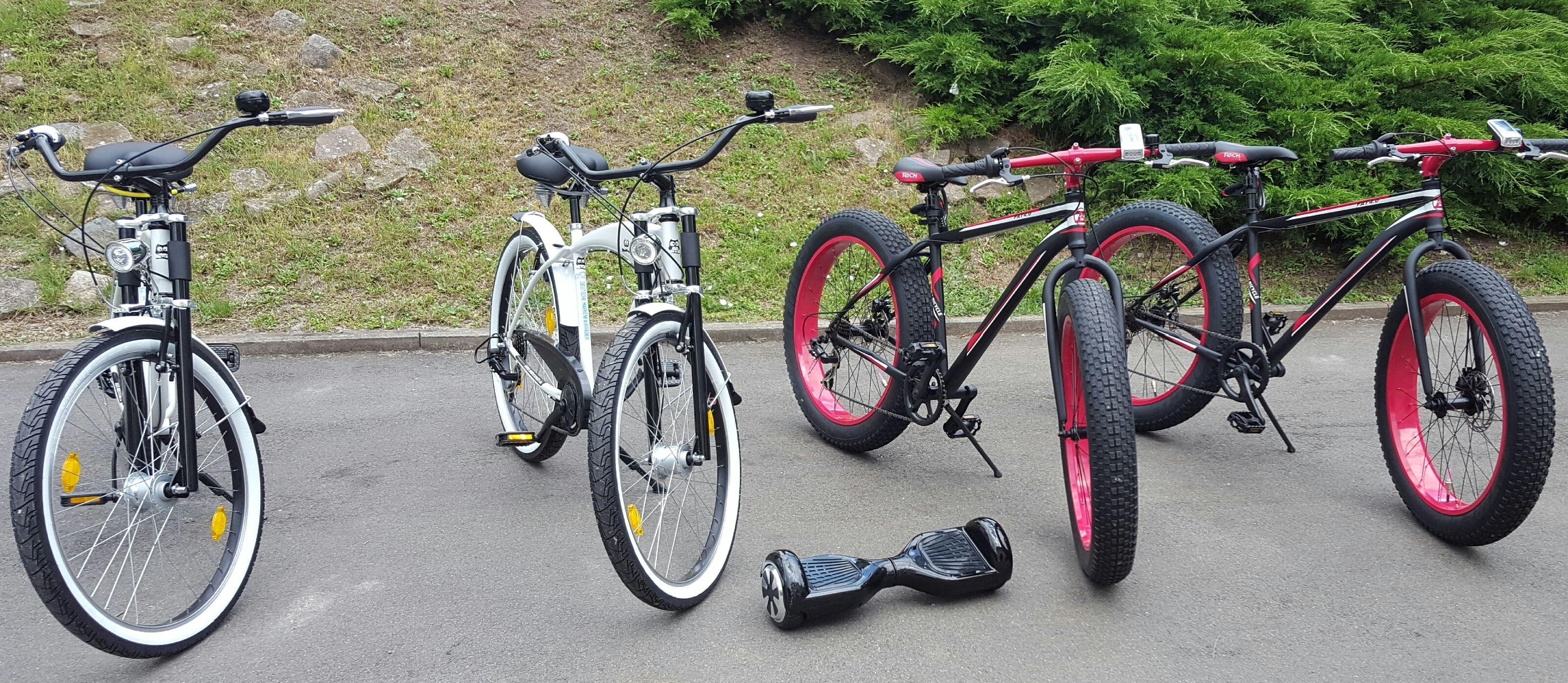 Tres bicicletas estacionadas sobre una superficie pavimentada con follaje al fondo.