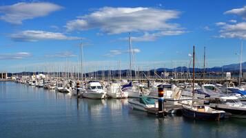 Un puerto deportivo con numerosos barcos amarrados, cielo despejado y montañas al fondo.