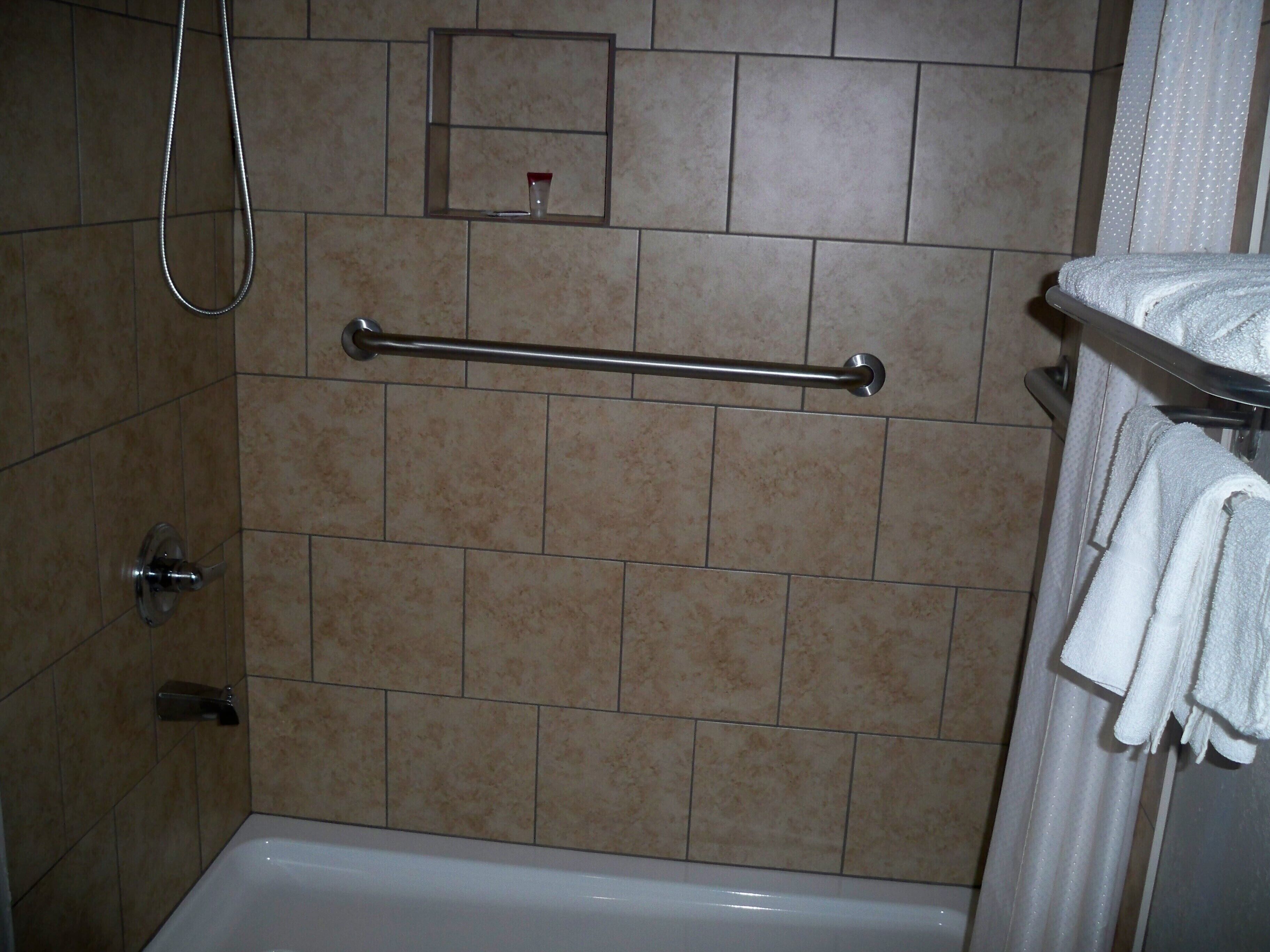 Un bagno dotato di vasca, doccia e portasciugamani.