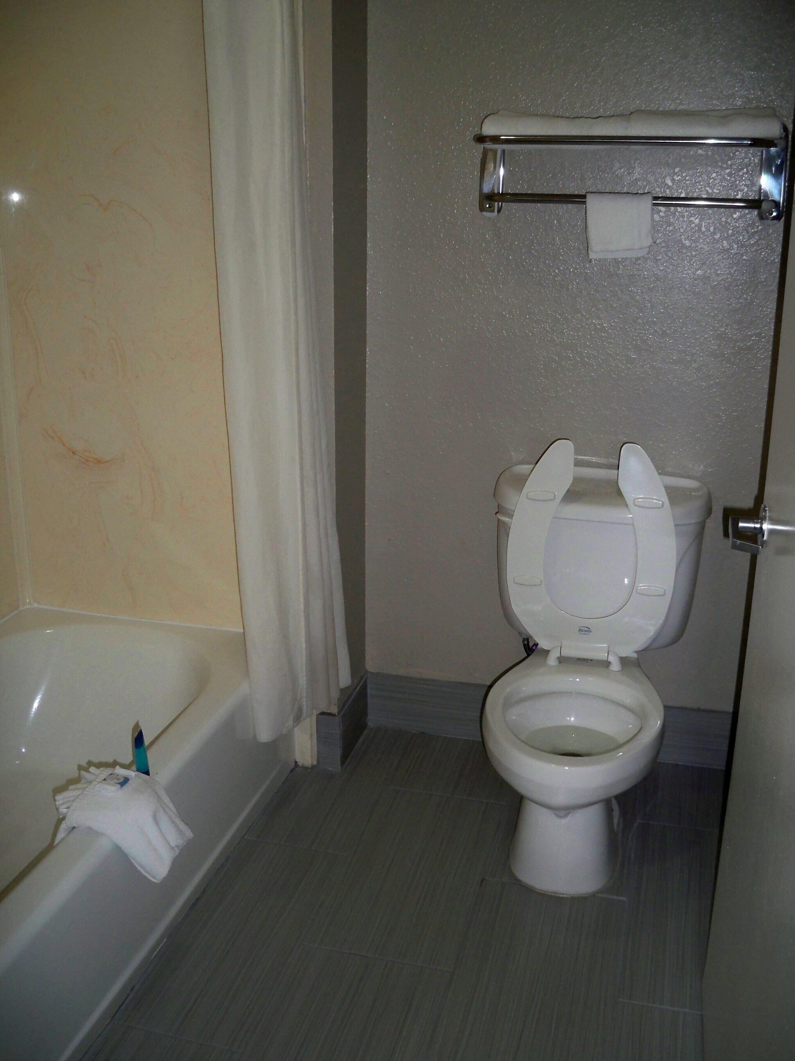 Een badkamer met een bad, toilet en een handdoekhouder.