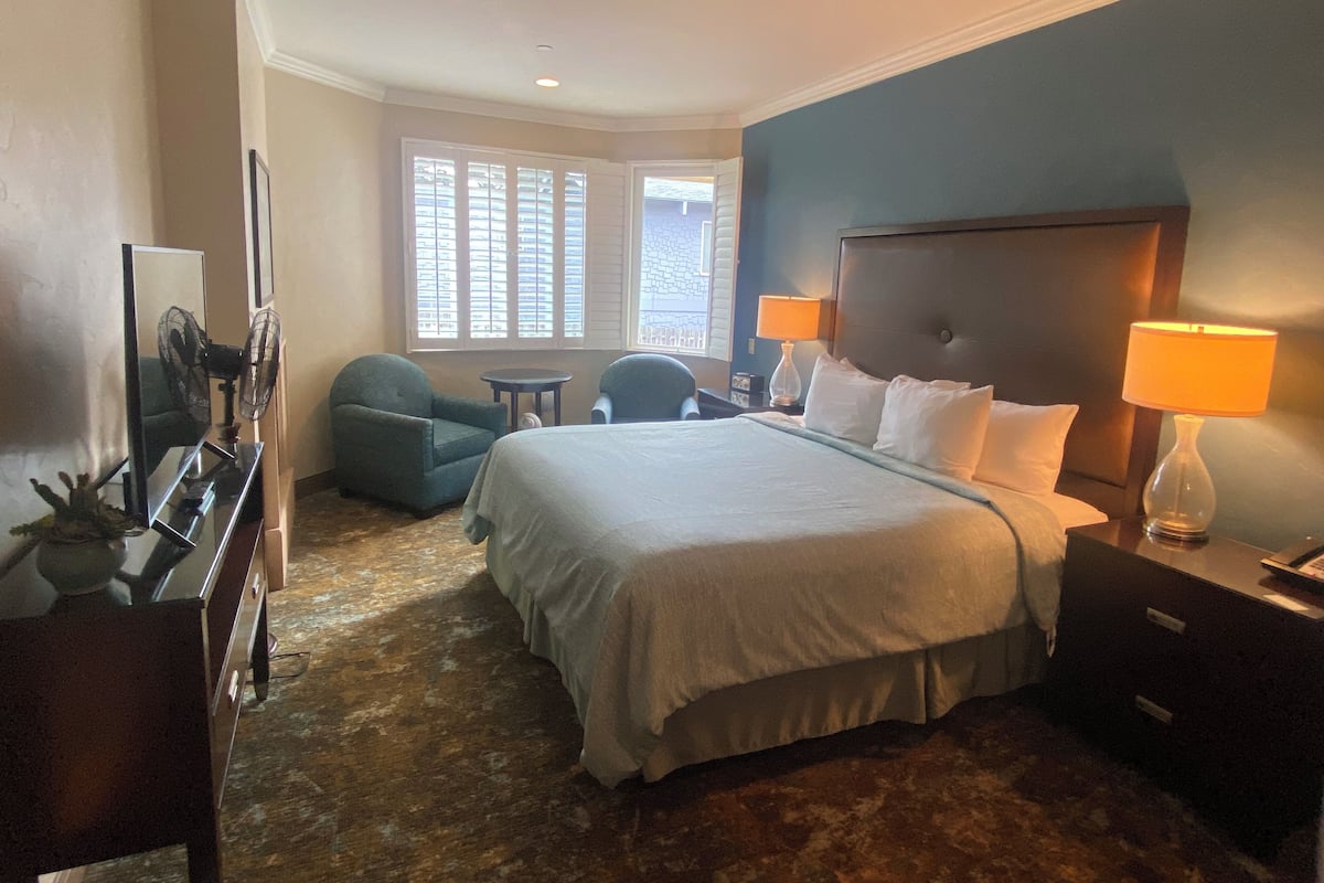 A hotel room with a large bed, two armchairs, a small table, a TV, and a window with blinds.