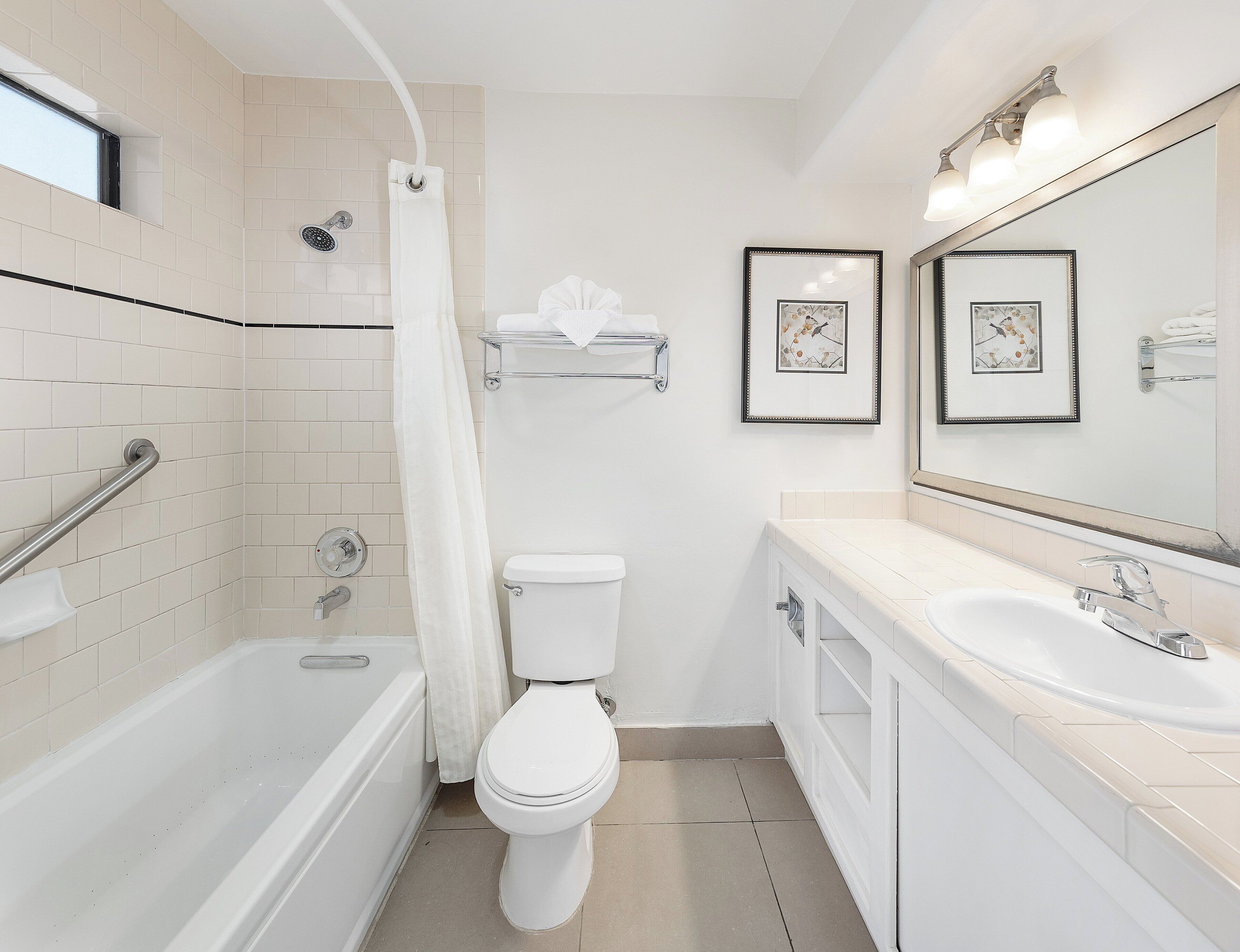 combined shower/bathtub, free toiletries, hair dryer, towels