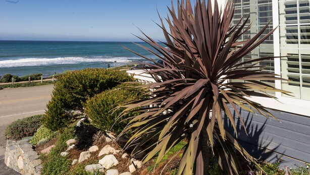 A house with a view of the ocean, a garden with rocks and plants, and a clear blue sky. - Sand Pebbles Inn (Cambria)