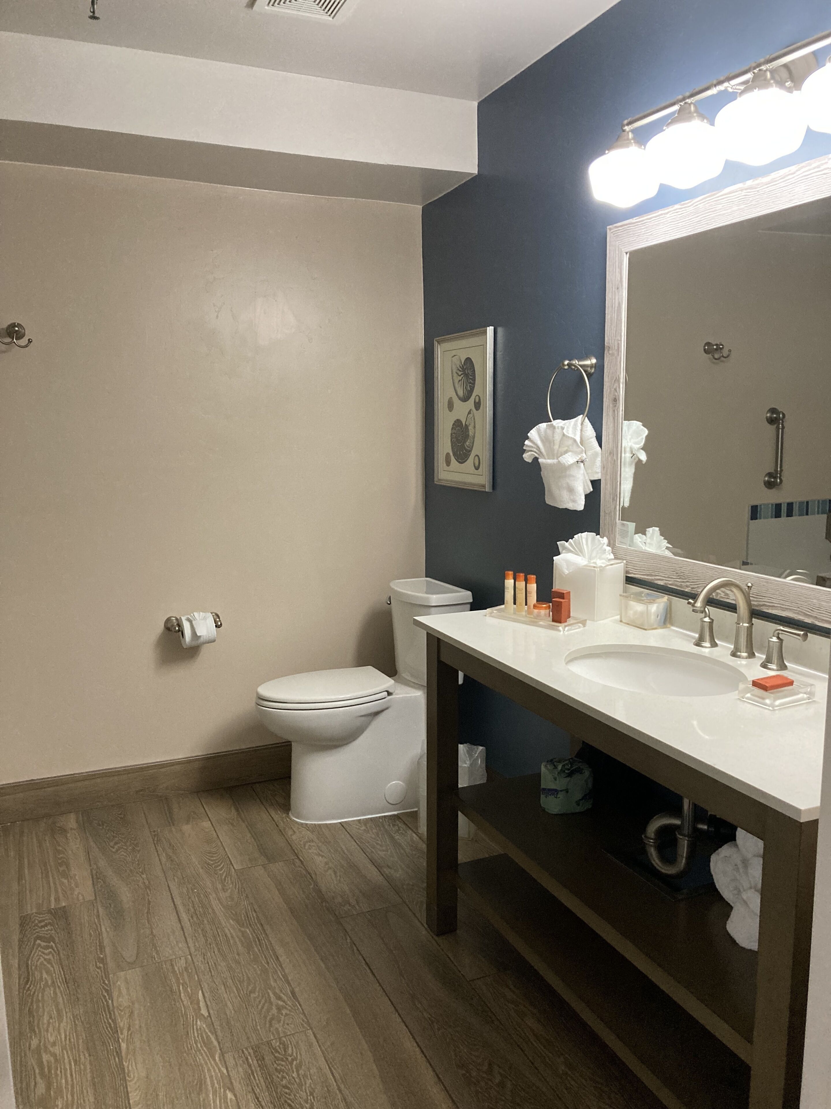 Un baño con inodoro blanco, lavamanos con espejo y zona de ducha.