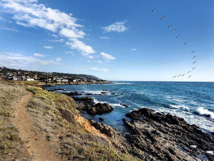 A coastal path with rocky terrain and a view of the ocean.