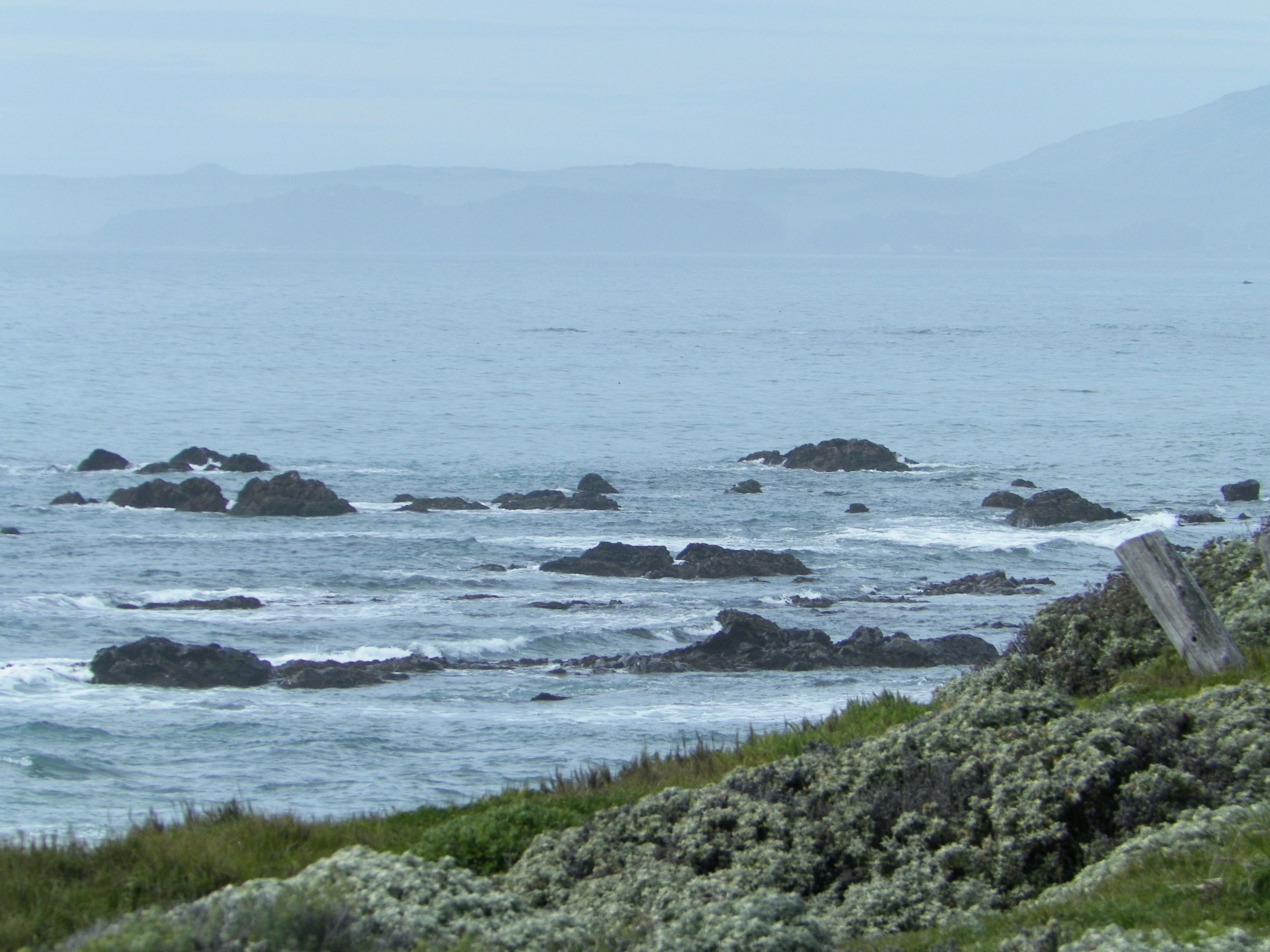 A coastal landscape with rocky outcrops and a grassy foreground.