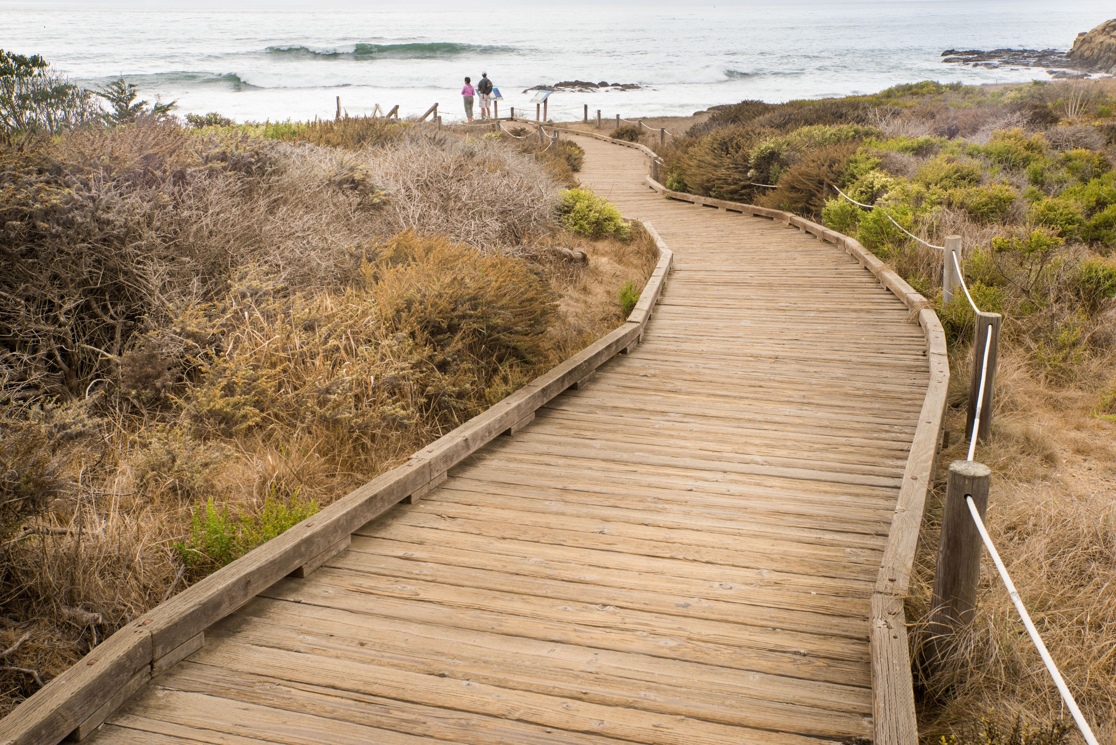 A wooden boardwalk leading to a rocky shoreline with waves crashing in the background.
