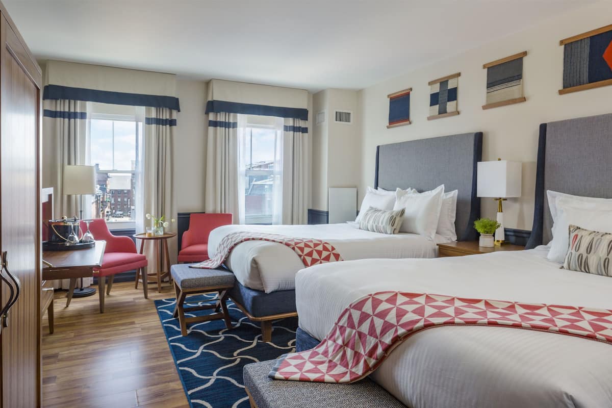 premium bedding, desk, blackout curtains, iron/ironing board