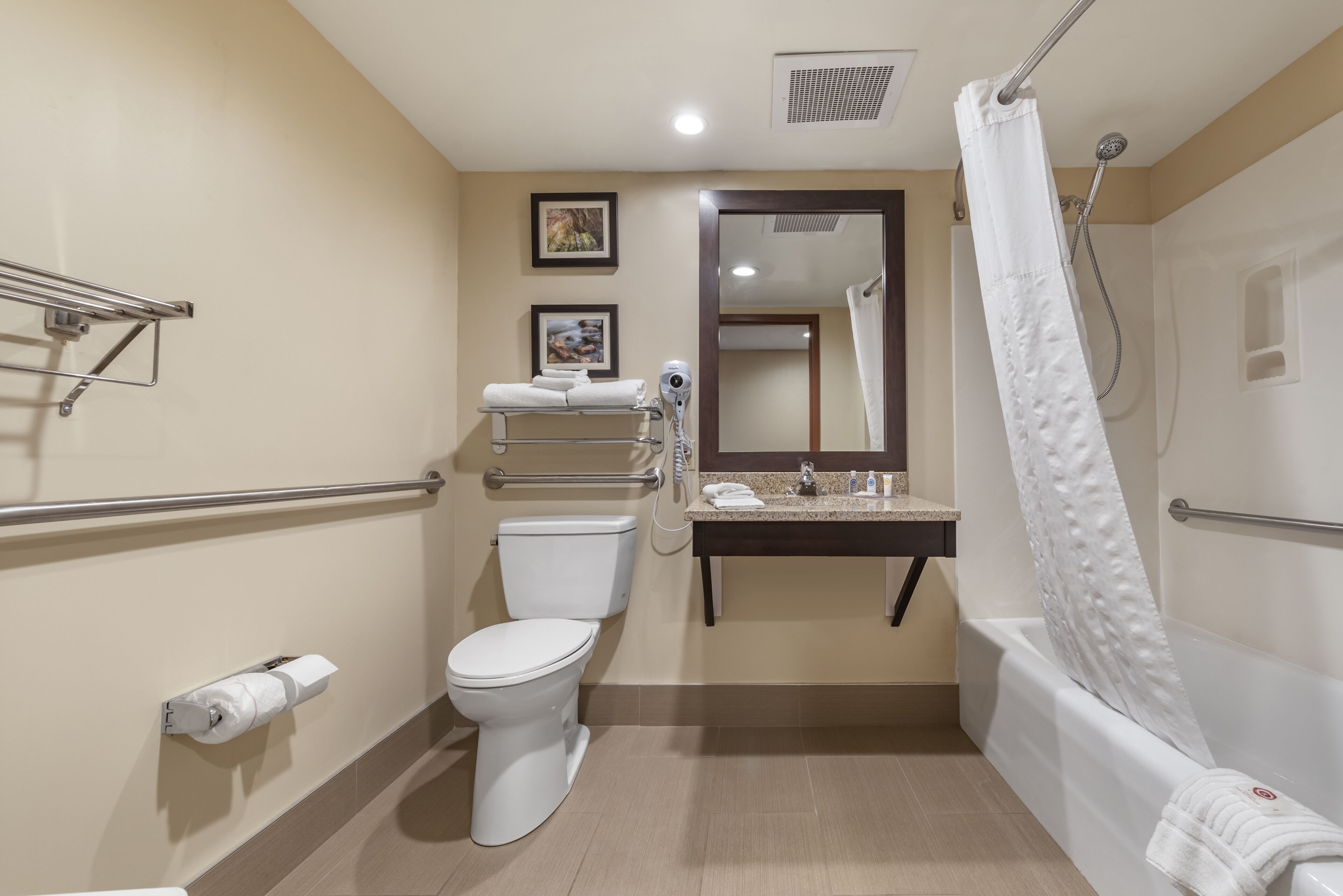 free toiletries, hair dryer, towels