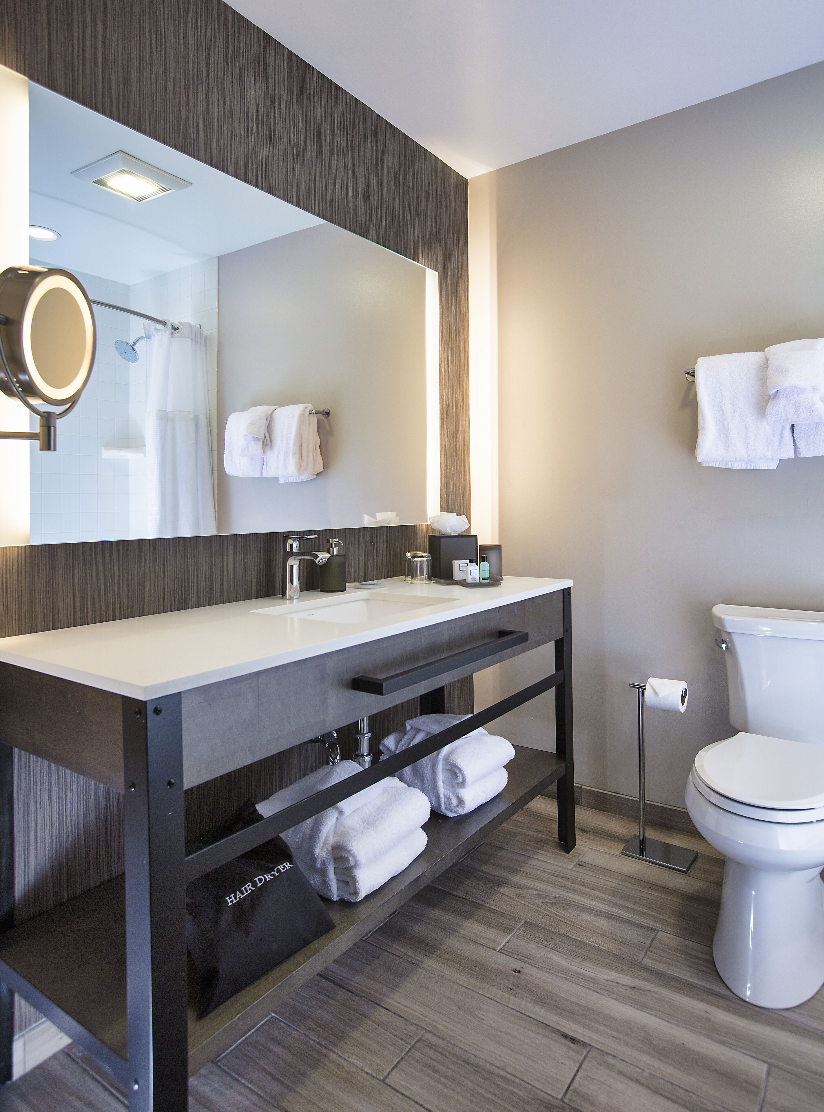 combined shower/bathtub, free toiletries, hair dryer, towels