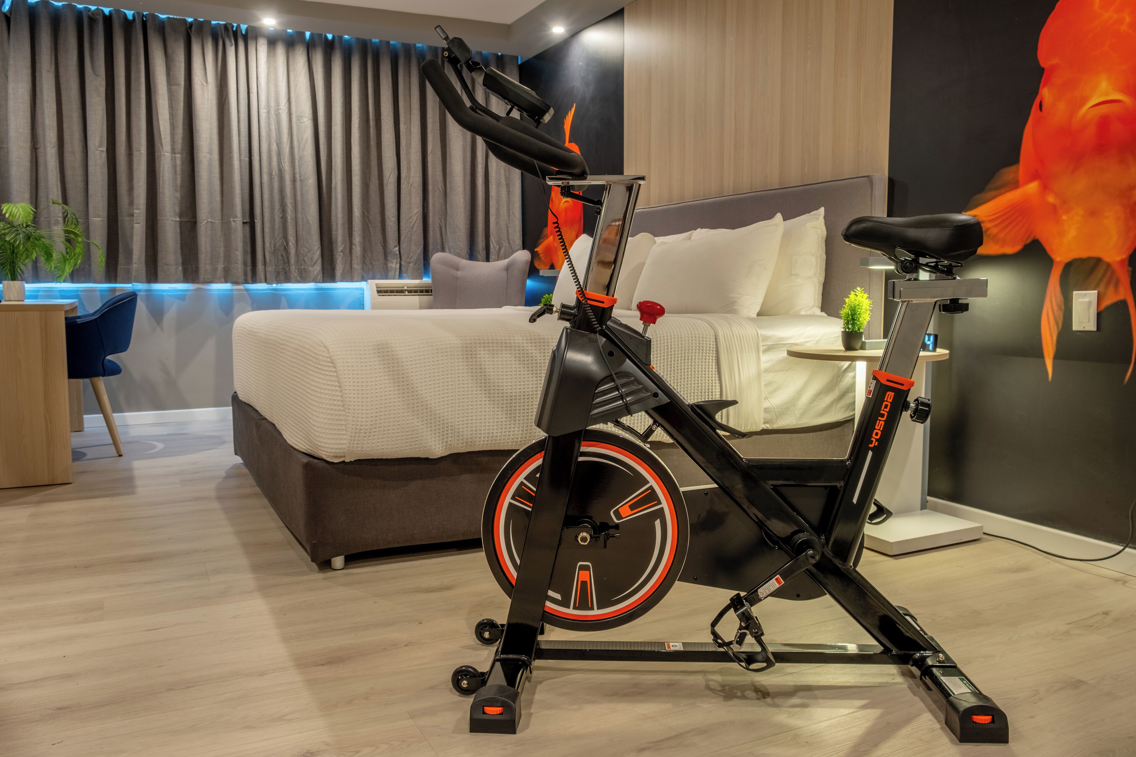 Una habitación de hotel moderna con una bicicleta estática, una cama, un escritorio y una planta en maceta.