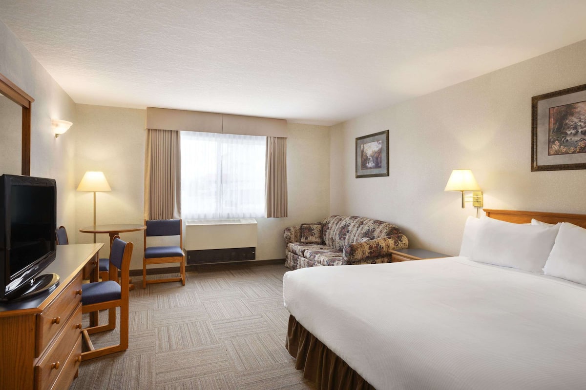 A hotel room with a bed, a desk with a television, a chair, a couch, and a window with curtains.