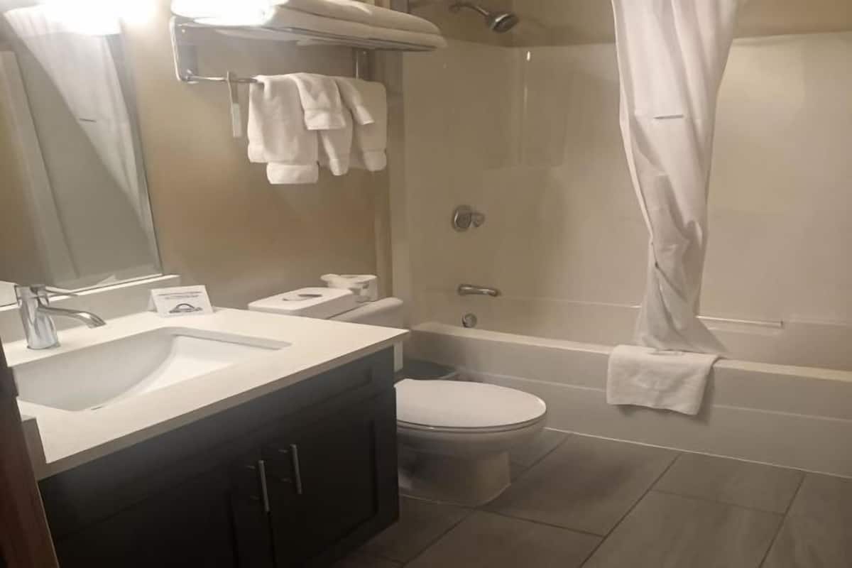 A bathroom with a sink, toilet, bathtub, and a shower curtain.