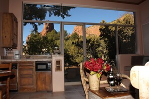 Sunset Villa | Private kitchen | Fridge, microwave, coffee/tea maker, reusable coffee/tea filters
