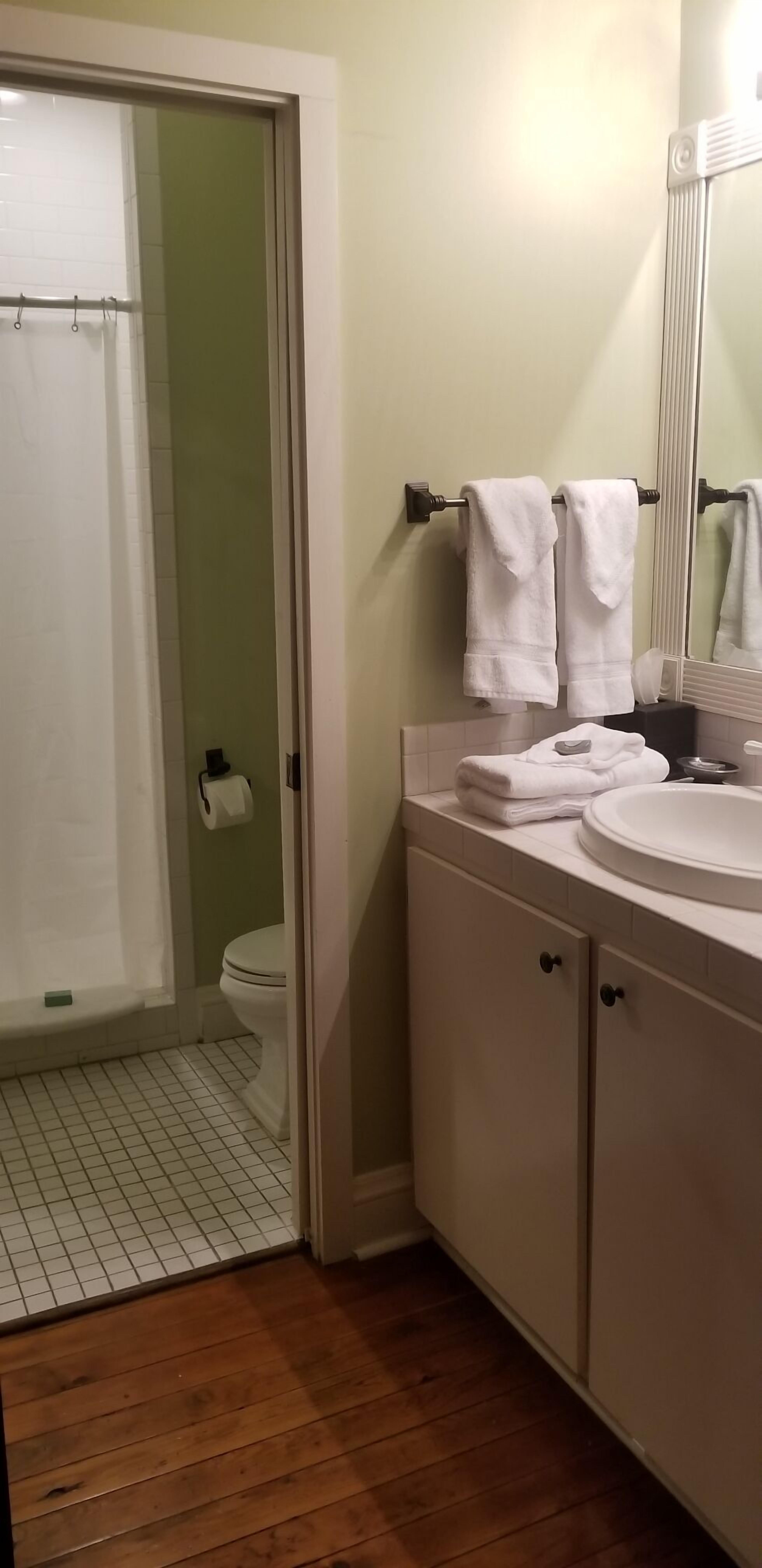 deluxe mason house suite, 1 queen bedroom, non-smoking (pet friendly - 21 & 24) | bathroom | combined shower/bathtub, free toiletries, hair dryer, towels