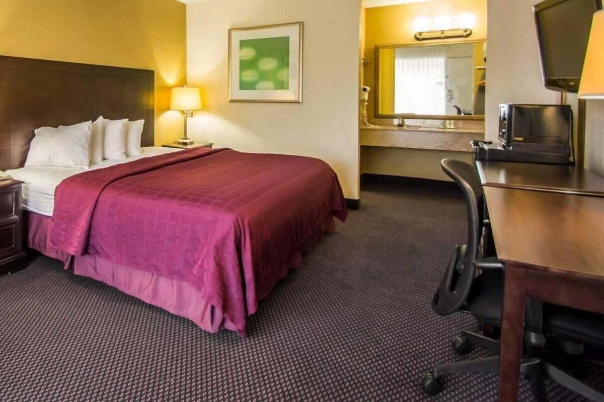 Habitación de hotel con cama, escritorio, silla, lámpara de escritorio, televisión y espejo.