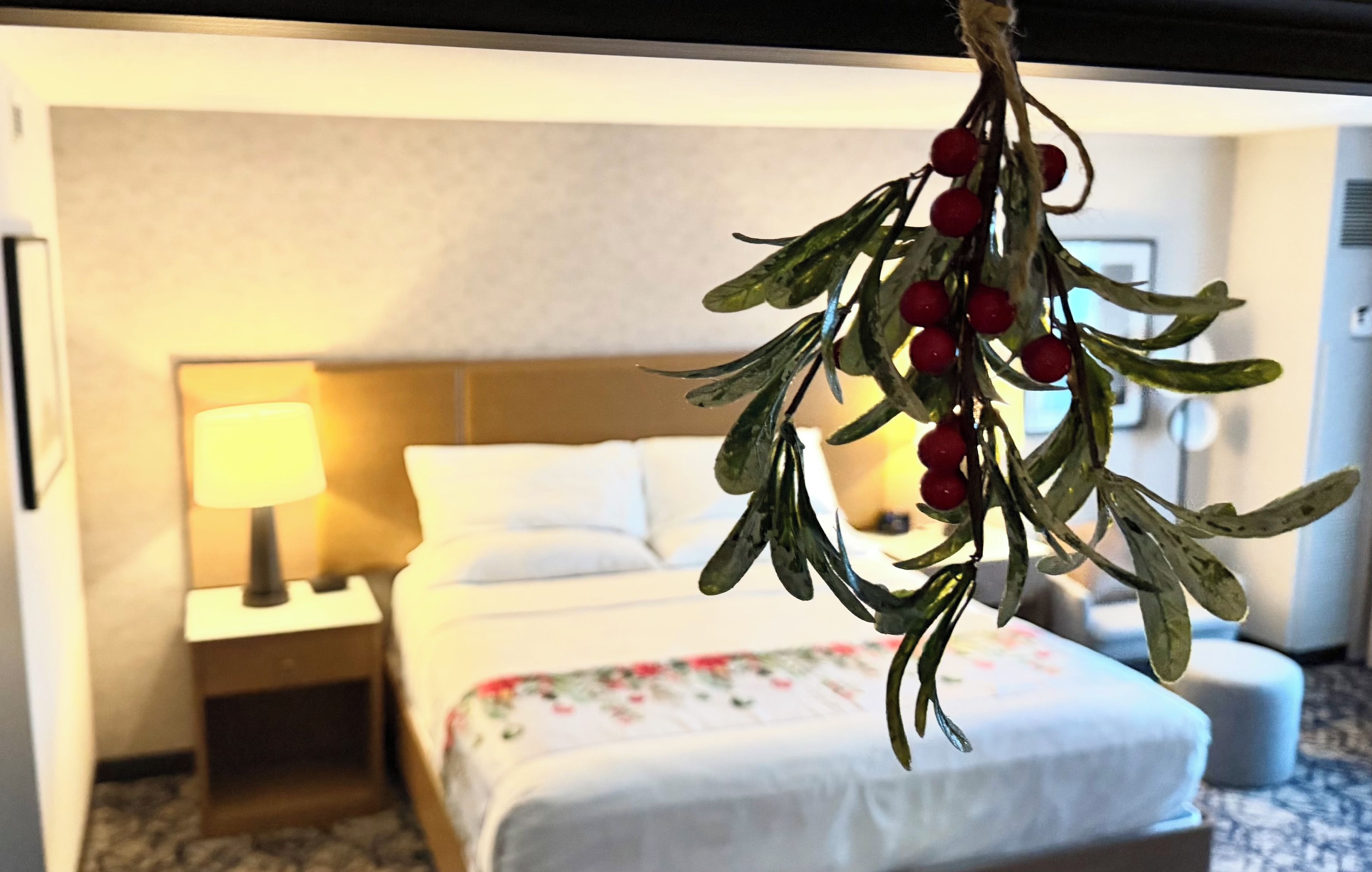 Une chambre d’hôtel avec un lit, une table de chevet avec une lampe et une plante décorative.
