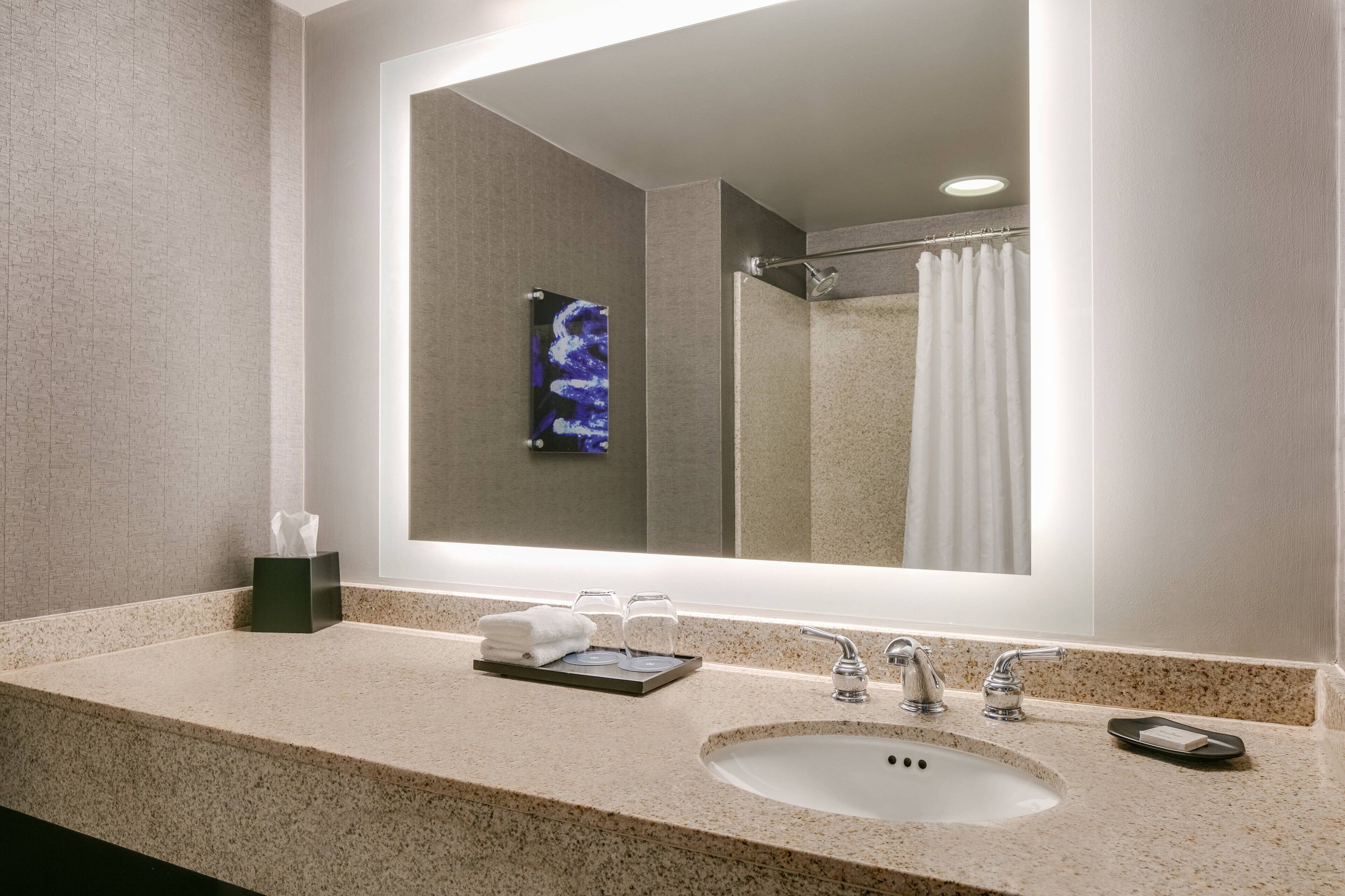 combined shower/bathtub, free toiletries, hair dryer, towels