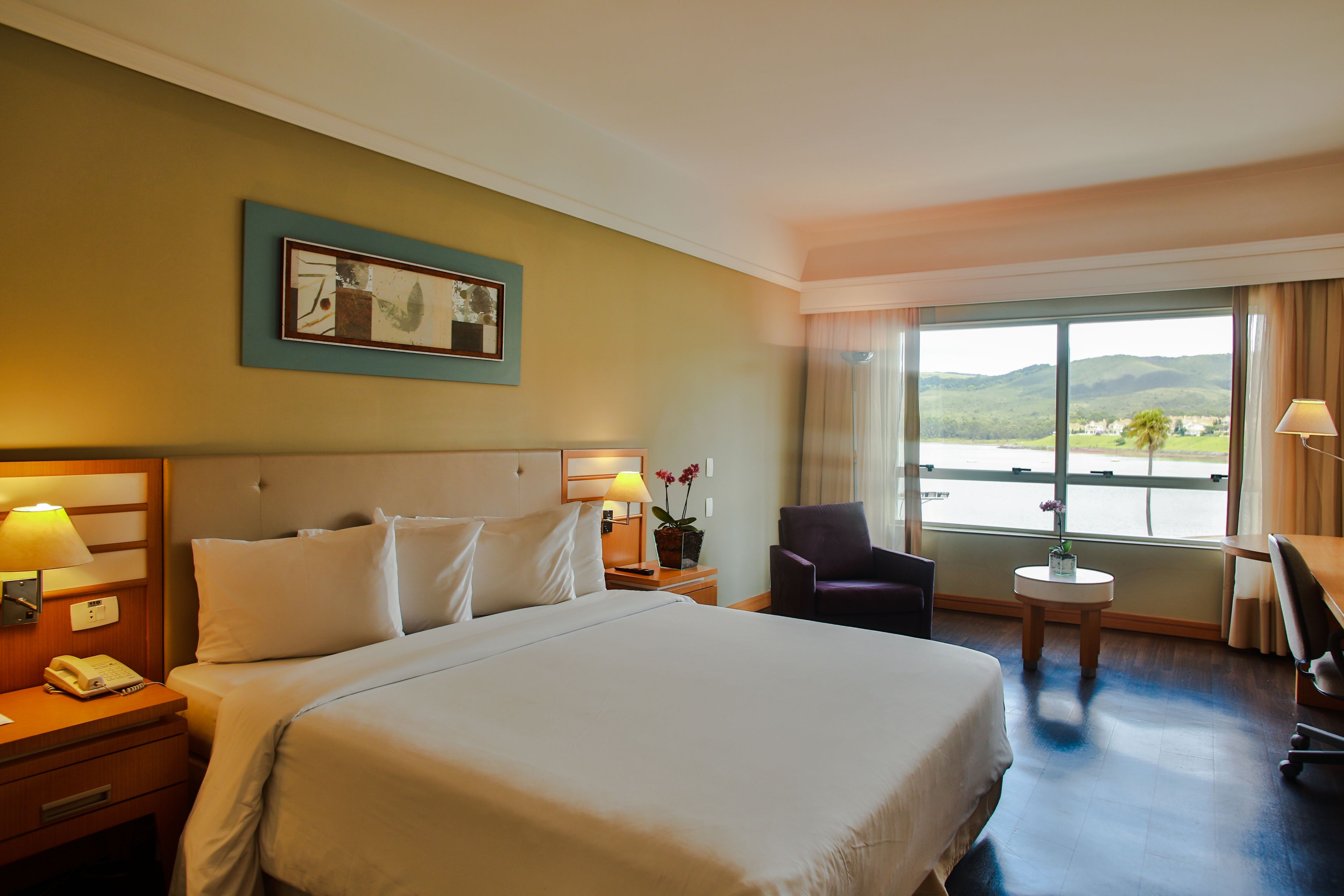 Habitación de hotel con una cama grande, un escritorio, una silla, una mesita y una ventana con vistas al exterior.