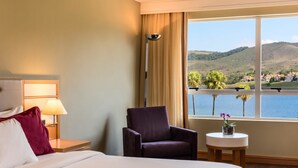 Habitación de hotel con cama, una silla, mesita de noche con lámpara, una pequeña mesa con una planta, y un ventanal que ofrece vistas a colinas y agua.