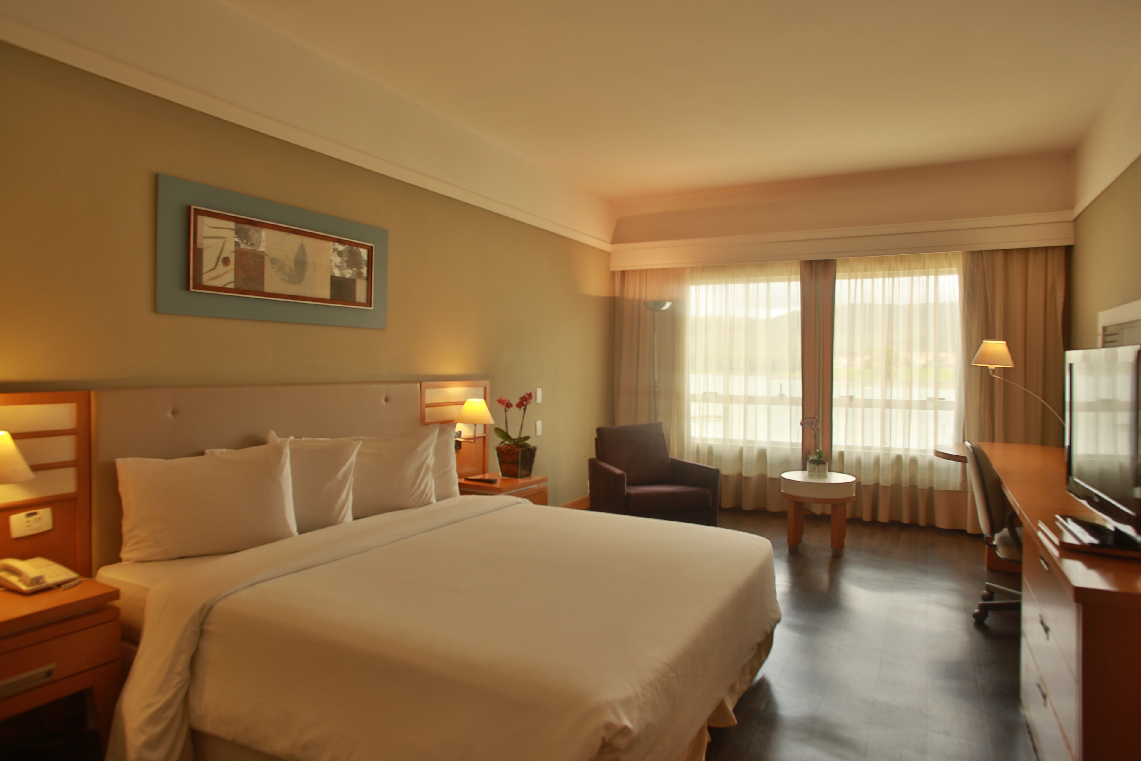 A hotel room with a large bed, a desk with a television, a chair, and a small table.