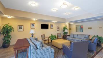 A hotel lobby with a sofa, chairs, a television, and potted plants.